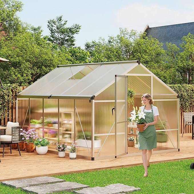 8 X 10 FT Greenhouse, Outdoor Greenhouses, Polycarbonate Panels with Aluminum Frame, Adjustable Roof Vent and Lockable Door, Green Houses for Outside Backyard, Garden, Silver