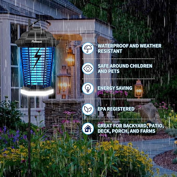 Bug Zapper Outdoor with LED Light, 5600V Electric Fly Zapper, Plug-in Mosquito Killer, 3 Prong Plug, Mosquito Zapper, Fly Traps, Flying Insects Zapper Indoor Outdoor, ABS Plastic