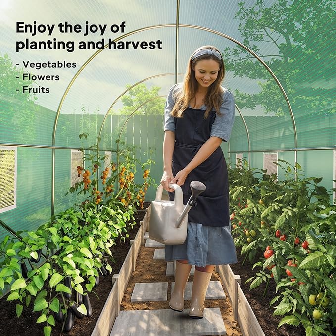 Outsunny 14.6'x6.5'x6.6' Hoop House Greenhouse with 2 Support Rods, Zippered Roll-up Mesh Door, Mesh Windows, Walk-in Tunnel Greenhouse with PE Cover, Galvanized Steel Frame, Outdoor Garden, Green