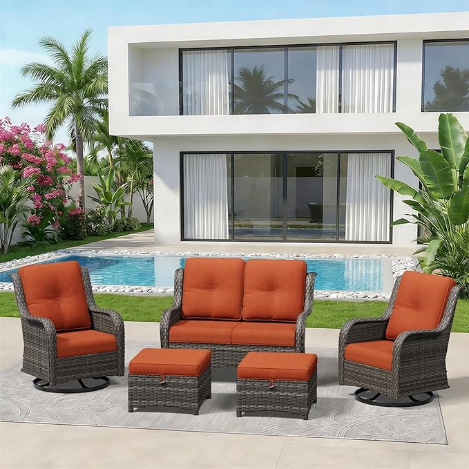5 Piece Outdoor Wicker Patio Furniture Set, Outdoor Swivel Rocker Patio Chairs Set with Thickened Olefin Cushions, High Back and Deep Seating, Hand-Woven PE Rattan for Porch, Deck
