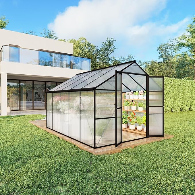 8X10 FT Greenhouses for Outdoors, Aluminum Large Polycarbonate Greenhouse, Quick Setup Walk in Green House with Roof Vent and Swing Lockable Door for Outside, Black (119" W x 96" D x 77" H)