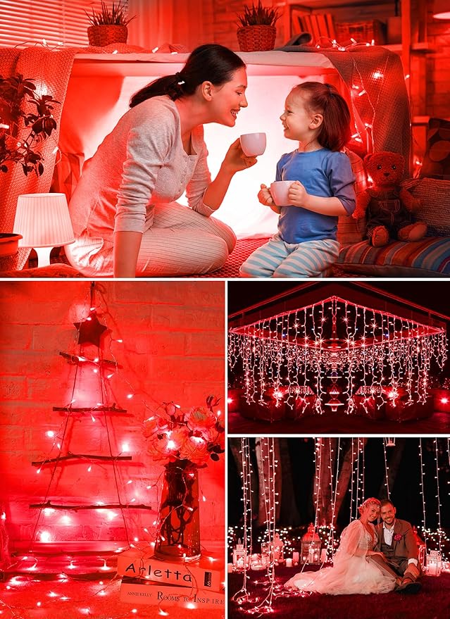 Minetom Christmas String Lights Battery Operated, 2 Pack Total 33FT 100 LED Battery Powered Fairy Lights with Timer, 8 Modes, Waterproof String Lights for Outside Indoor Bedroom Tree Decoration, Red