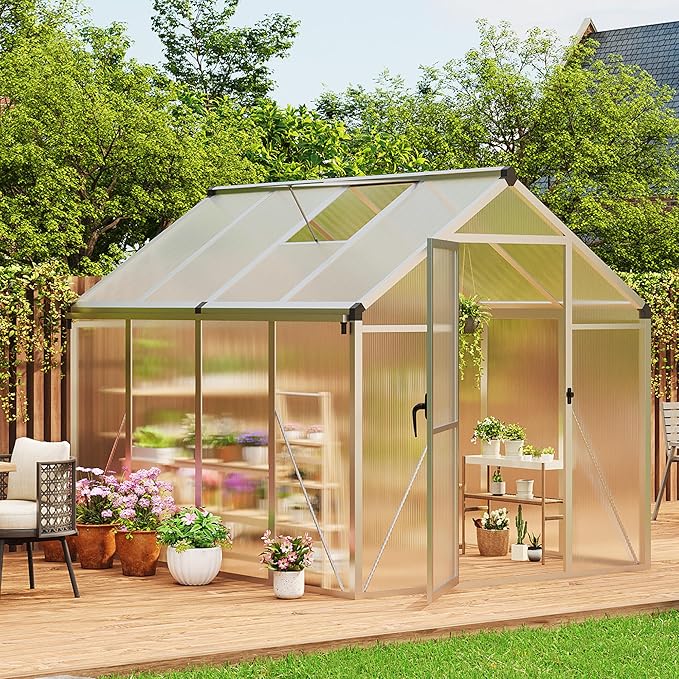 6X8 Ft Polycarbonate Greenhouse Sunroom with Aluminum Frame, Outdoor Greenhouse for Vegetables Herbs Flowers, Lockable Door & Adjustable Roof Vent, Patio Backyard Greenhouse Kit for Gardening, Silver