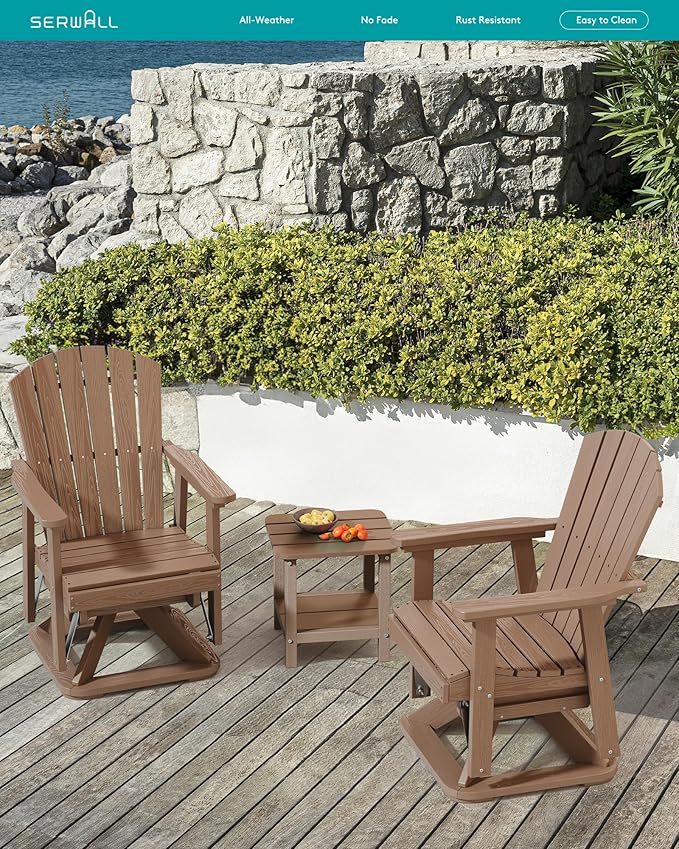 SERWALL Adirondack Swivel Glider Chair, HDPE Glider Set of 4 for Outdoor, All-Weather Glider Chair for Porch, Balcony, Wood Brown