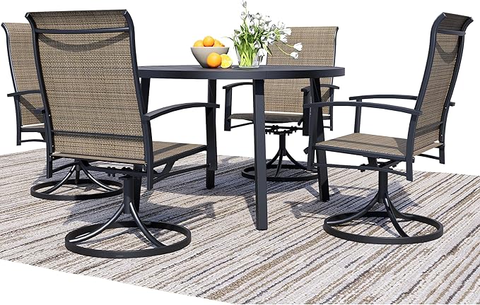 5 Pieces Outdoor Table and Chairs for 4, 42" Black Round Table with 4 Mocha Swivel Chairs, Patio Set with Swivel Chair, Garden Tables for Outdoor, Patio Dining Set for Lawn Backyard Poolside