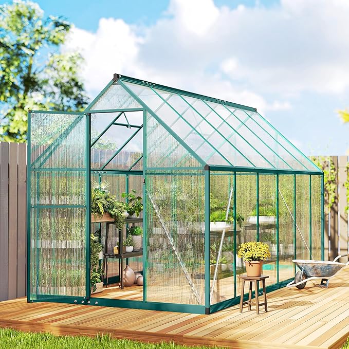 Outsunny 11x6 ft Polycarbonate Greenhouse with Swing Door and Two Adjustable Roof Vents, Aluminum Walk-in Greenhouse Outdoor Greenhouse for Patio Garden Backyard, Dark Green