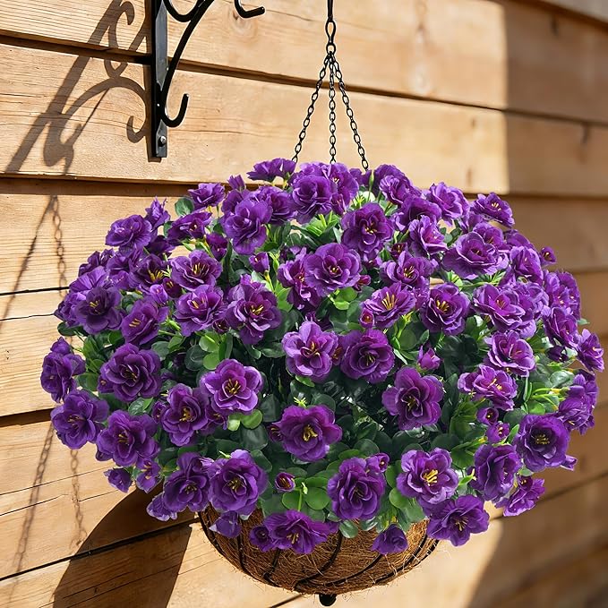 Artificial Fake Outdoor Flowers Plants, Faux Silk Purple Camellia Bundles UV Resistant No Fade Realistic for Planter Pot, Outside Porch Patio Balcony Garden Yard Home Decoration, 3 Large Bundles