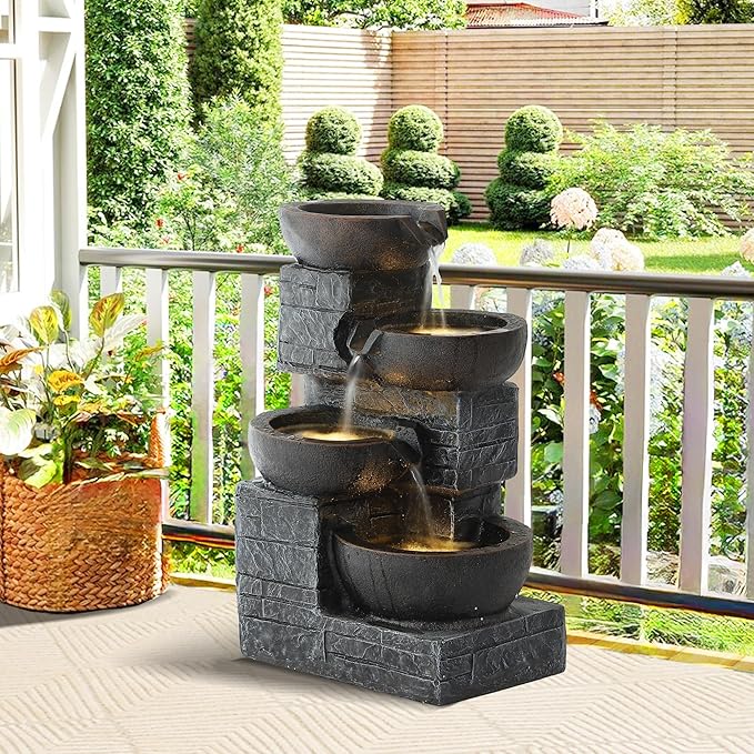MAGIC UNION Outdoor Water Fountain, 4 Tiers Cascading Bowls Waterfall Indoor Fountain Garden Decor w/LED Lights, Outside Patio Resin Stacked Stones Fountains for Yard, Deck and Porch (Brown)