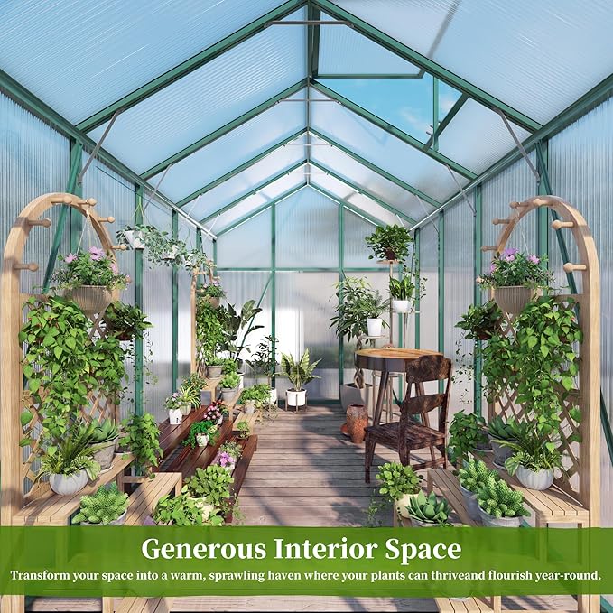 6x8.1 FT Greenhouse for Outdoors, Polycarbonate Greenhouse with Stronger Wind Protection, Lockable Door and Roof Vent, Large Walk-in Aluminum Sunroom for Garden, Backyard, Lawn, Green