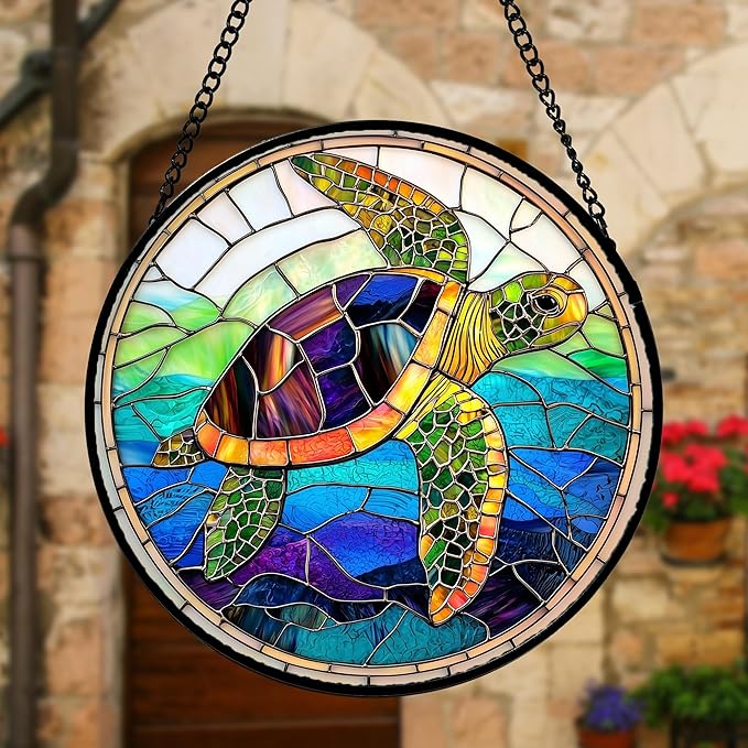 DASTOLL Stained Glass Window Hanging, Colored Turtle Ocean Suncatcher Diamond Glass Panel Hangings Marine Life Sun Catchers Decor for Birthday for Women, Men, Wife, Aunt, Mom 7.8 in