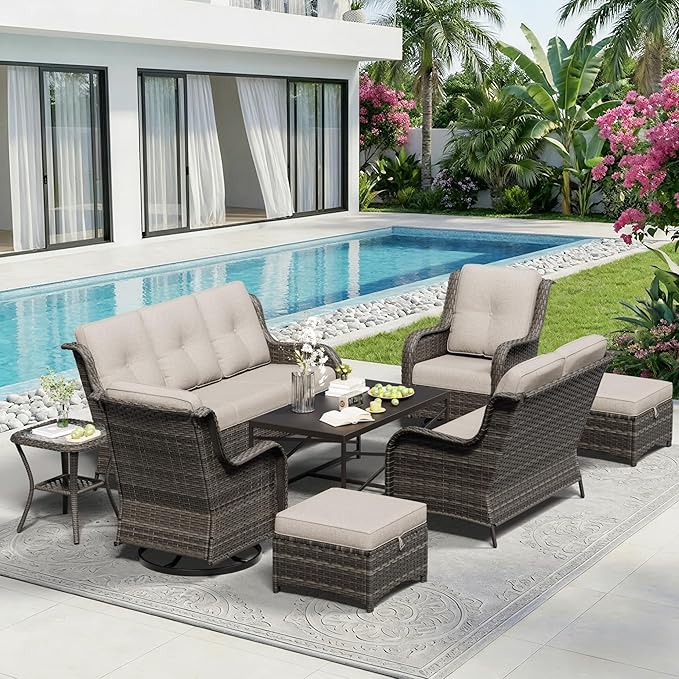 8 Piece Outdoor Wicker Patio Furniture Set, Outdoor Swivel Rocker Patio Chairs Set with Thickened Olefin Cushions, High Back and Deep Seating, Hand-Woven PE Rattan for Porch, Deck