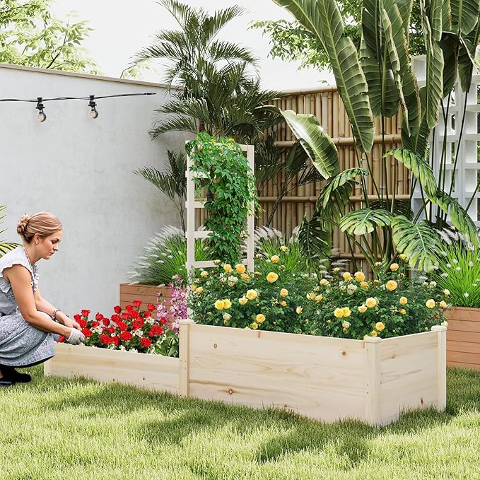 Giantex Wooden Raised Garden Bed with Trellis & 2 Planter Boxes, Raised Bed for Vegetables Flowers Vine Fruits Herbs Gardening Planting, Outdoor Garden Box for Patio Backyard Lawn