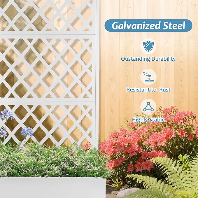 Metal Planter Box with Trellis & Wheels, Raised Garden Bed with Privacy Screen, Outdoor Standing Flower Beds with Drainage Hole for Climbing Plants, Vine, 47.2''L×15.7''W×70.9''H, White