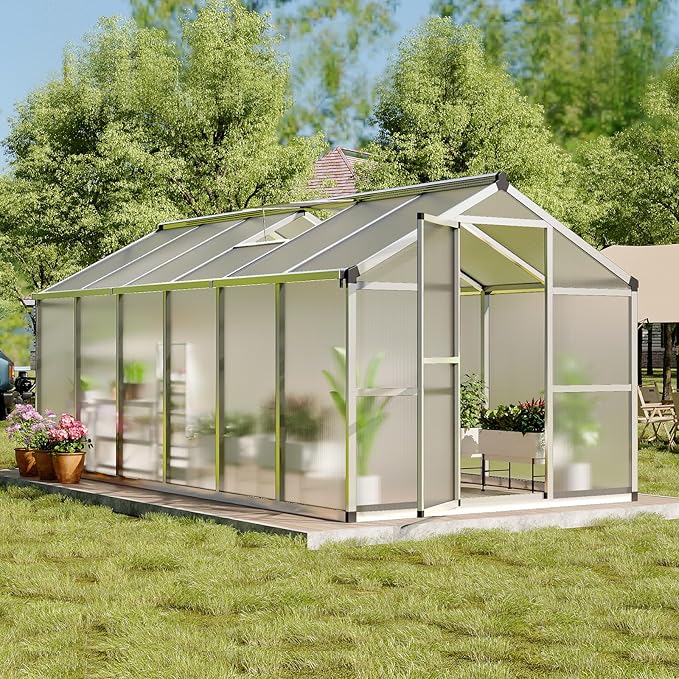8X12 FT Greenhouse, Polycarbonate Garden Greenhouse for Outdoors,Aluminum Frame Green House with Lockable Door and Adjustable Roof Vent, Ideal for Backyard Patio and Outside Growing