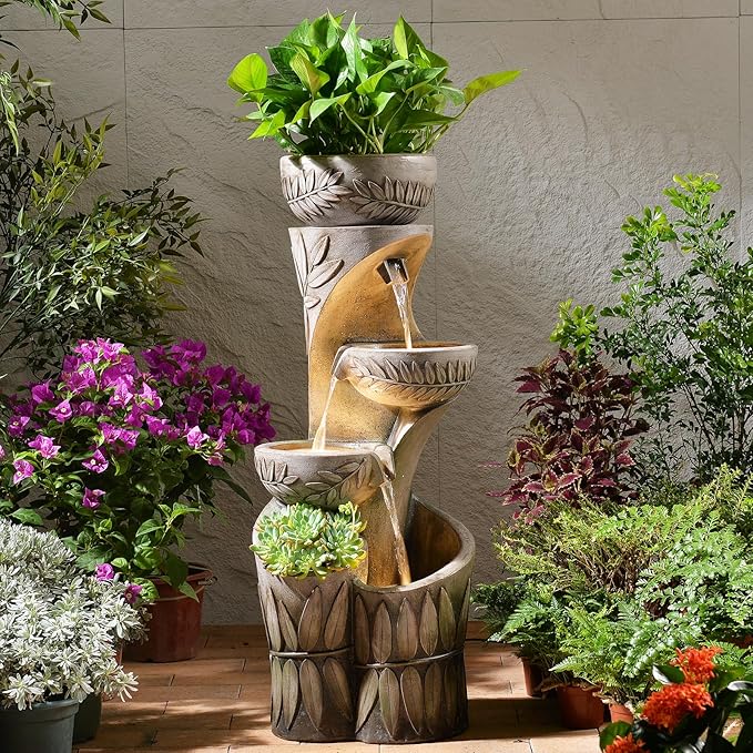 35.6" H Outdoor Water Fountain - Relief Leaf Design 4 Tiers Modern Cascading Bowls and Garden Fountains with Lights for Patio, Deck, Porch, Lawns, Backyard and Home Art Decor