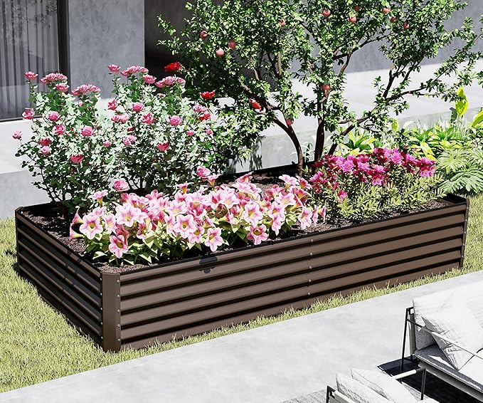 Domi 6×3×1.5 ft Galvanized Raised Garden Bed, Outdoor Planter Garden Boxes Large Metal Planter Box for Gardening Vegetables Fruits Flowers, Brown