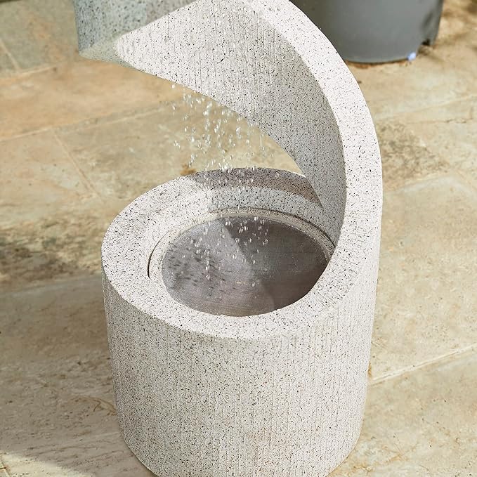 Glitzhome Decorative Tiered Outdoor Water Fountain with LED Light Vintage Curved Waterfall Fountain with Stone Planter Rustic Faux Terrazzo Spiral Shaped Fountains for Garden Patio Deck Porch, 40.25”H