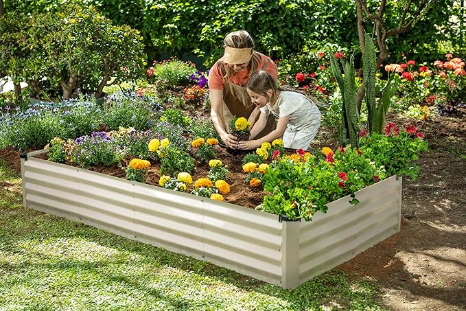 Plant & Plot Galvanized Raised Garden Beds Outdoor // 6×3×1 ft Planter Raised Beds for Gardening, Vegetables, Flowers // Large Metal Garden Box (White) // Patented Tool-Free Design
