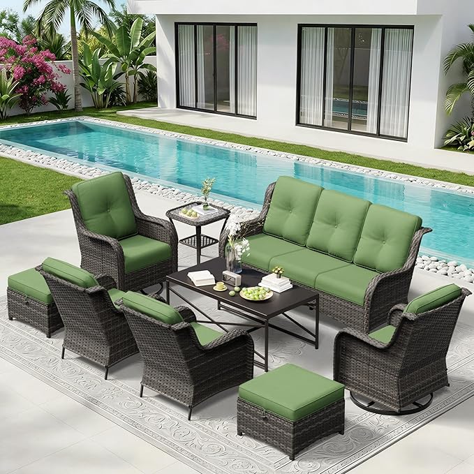9 Piece Outdoor Wicker Patio Furniture Set, Patio Chairs Set with Thickened Olefin Cushions, High Back and Deep Seating, Hand-Woven PE Rattan, Ottoman for Porch, Deck