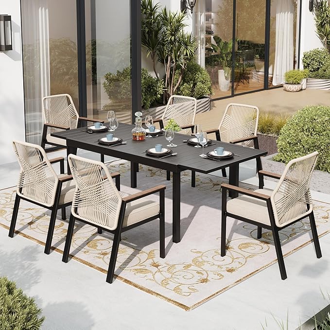 Patio Dining Chairs Set of 6, Heavy-Duty Woven Rope Outdoor Chairs with Waterproof Cushion and Wrought Iron Frame, All-Weather Outside Seating for Kitchen Garden Deck Backyard