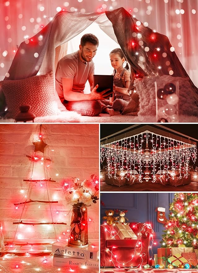Minetom Christmas String Lights Battery Operated, 2 Pack Total 33FT 100 LED Battery Powered Fairy Lights with Timer, 8 Modes, Waterproof String Lights for Outside Indoor Bedroom Tree, Red & Pure White