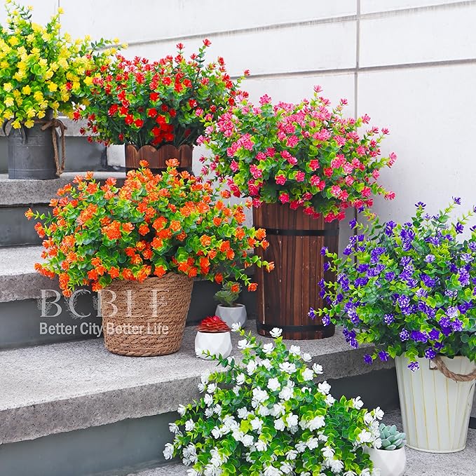 BCBLF Artificial Flowers for Outdoors, 12 Bundles UV Resistant Realistic Faux Plants for Outside Porch Planter, Spring Summer Home Garden Decoration, Green