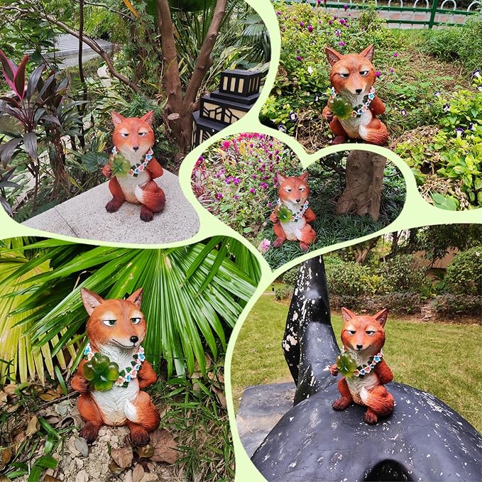 Solar Fox Garden Statue Nick Inspired 12 Inch, Resin Red Fox Figurine Led Outdoor Decor w/ Four-leaf Clover Light, Collectible Garden Guardian Yard Patio Ornaments for Spring St.Pactrick's Mom Gifts