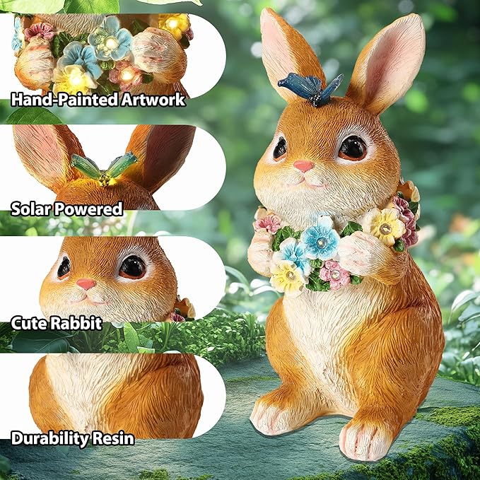 ZhiYo-GD Solar Garden Statues Outdoor Decor, Rabbit Statue with Butterfly & Flowers, Yard Decoration with 6 LED Lights for Patio, Balcony, Backyard, and Lawn, Unique Gift for Mom, Grandma Christmas