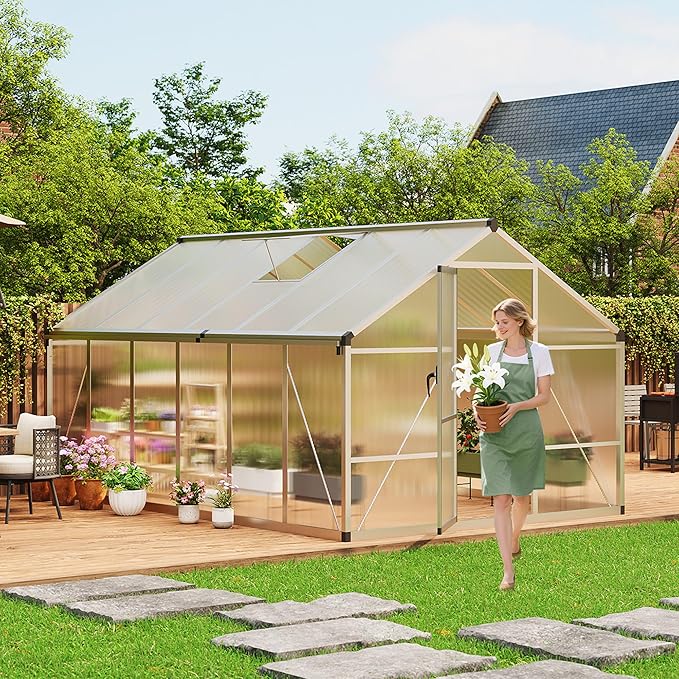 8 x 12 ft Greenhouse, Greenhouses for Outside, Polycarbonate Greenhouse with Aluminum Frame, Lockable Door and Ajustable Roof Vent for Backyard, Green Houses for Outside Garden Backyard, Patio