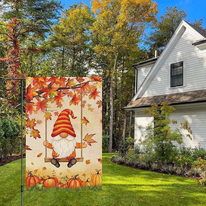 Heyfibro Fall Gnome Welcome Garden Flag 12x18 Double Sided Burlap, Autumn Pumpkin Maple Leave Yard Flags for Thanksgiving Rustic Farmhouse Seasonal Outside Outdoor Decoration (ONLY FLAG)