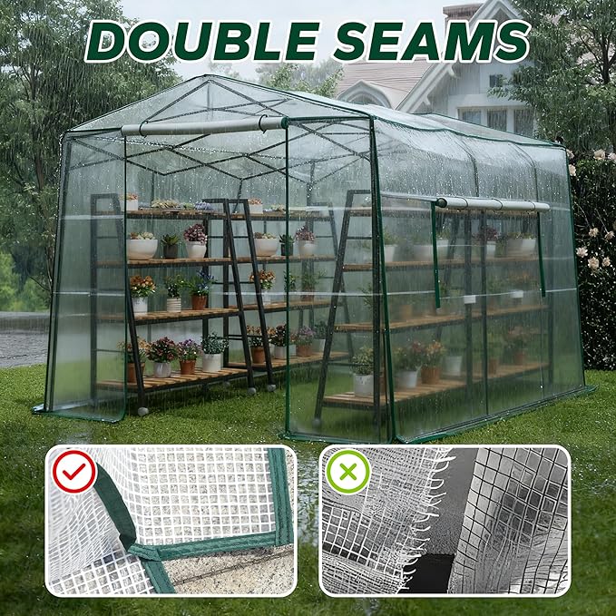 11.5x8.5x7.4 ft Walk-in Greenhouse, Portable Plant Hot House with Zipper Windows & Doors, Heavy-Duty PE Cover & Steel Frame, for Garden, Backyard