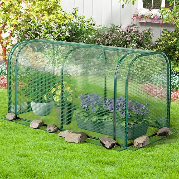 Toolsempire Raised Garden Bed with Greenhouse, Waterproof Sun-Protective Green House with Roll-Up Door & Electroplated Metal Frame, Fir Wood Elevated Planter Box with Drainage Holes(Green+Gray)