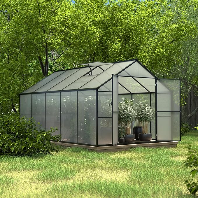 MUPATER 8 x 10 FT Heavy Duty Greenhouse, Walk-in Greenhouse with Lockable Door and Adjustable Roof Vent, Polycarbonate Green House Kit with Aluminum Frame, for Backyard, Garden, Outdoor, Grey