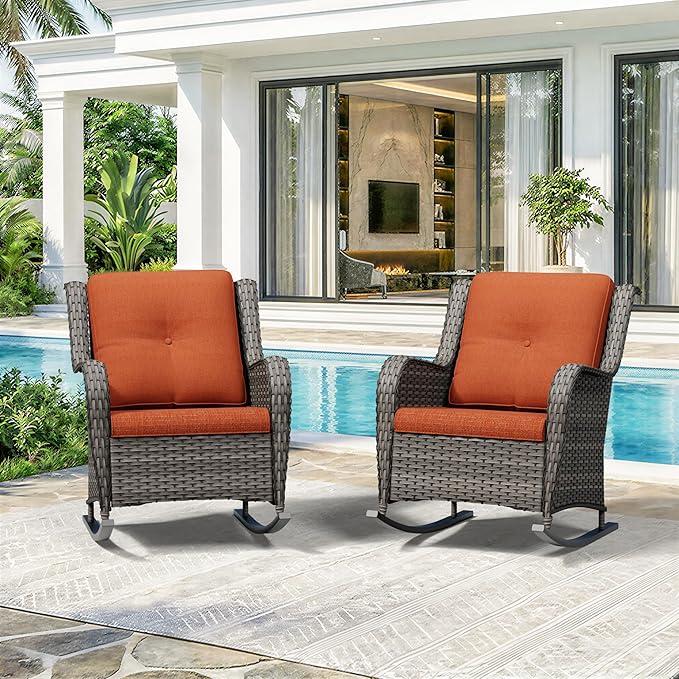 Patio Rocking Chairs Set of 2, Outdoor Wicker Patio Furniture Set 2 Pieces with Thickened Olefin Cushions, High Back and Deep Seating, Hand-Woven PE Rattan for Porch, Deck, Orange