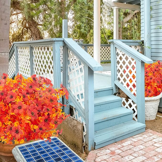 XEOLIAN 12 Bundles Artificial Fall Flowers Fake Plastic Plants Indoor Outside Hanging Planter No Fade Faux Autumn Plants Thanksgiving Christmas Wedding Party Home Garden Fireplace Décor (Gold Yellow)