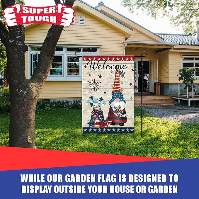 Super Tough Garden Flag - Firework Gnome 12in x 18in | Patriotic Design with Star Border & Welcome Message | Perfect for 4th of July | Durable Oxford Polyester | Festive Outdoor Flag