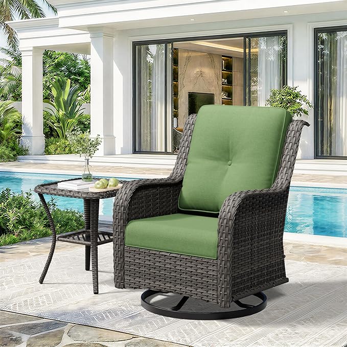 2 Pieces Outdoor Swivel Rocker Patio Chairs Set - Outdoor Wicker Patio Furniture Sets with 1 Side Table, Olefin Fabric Cushions Suitable for Backyard Deck and Porch, Green