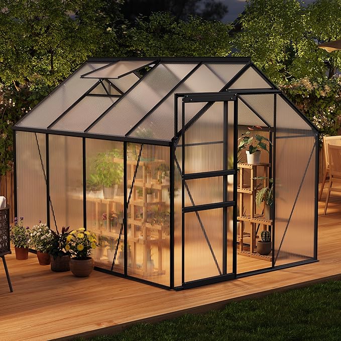 CABIHOME 6 x 8 FT Greenhouses for Outside, Polycarbonate Greenhouse with Aluminum Frame, Sliding Door, Adjustable Roof Vent, Backyard Green Houses, Patio Garden, Black
