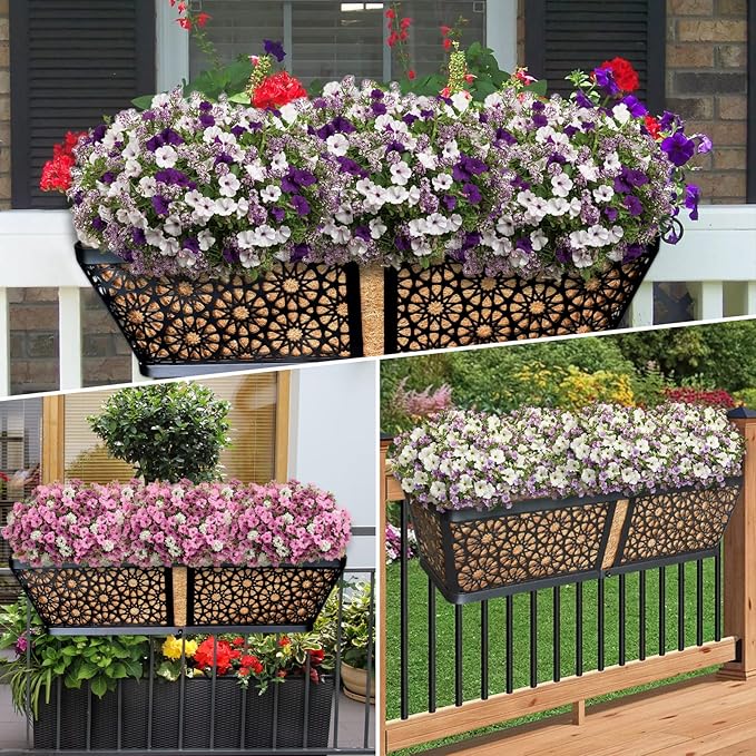 ZeeDix 24 Inch Metal Window Box for Railings, 2 Pack Over Railing Planter Boxes with Coco Liners, Hanging Flower Box Planters for Outdoor Fence Deck Porch Balcony & Patio