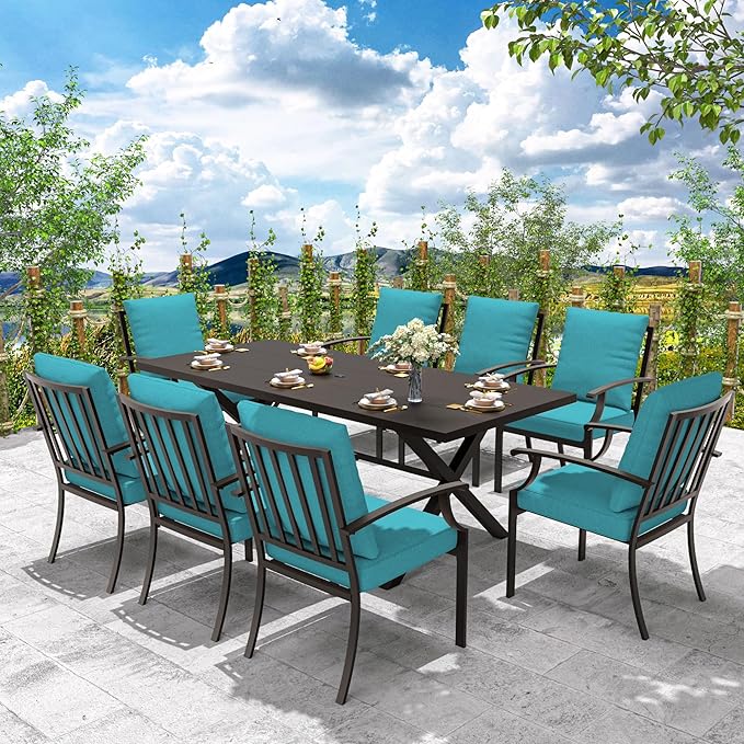 9-Piece Patio Dining Set Outdoor Conversation Set,Metal Outdoor Furniture Set with Umbrella Hole Cut-Out 78.7" x 35.4" Table and 8 Metal Backrest Chairs for Backyard,Garden,Blue