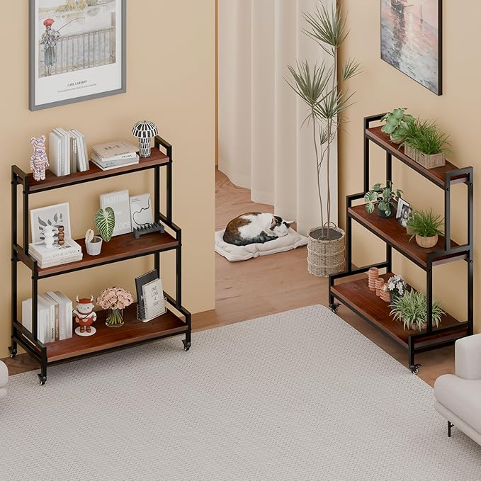 YCCO Plant Stand Indoor with Wheels 37” H, Rolling Plant Shelf Rack Outdoor,Metal Plant Stand with Solid Wood for Multiple Plants,Industrial Ladder Plant Flower Shelf for Garden,Living Room,Walnut
