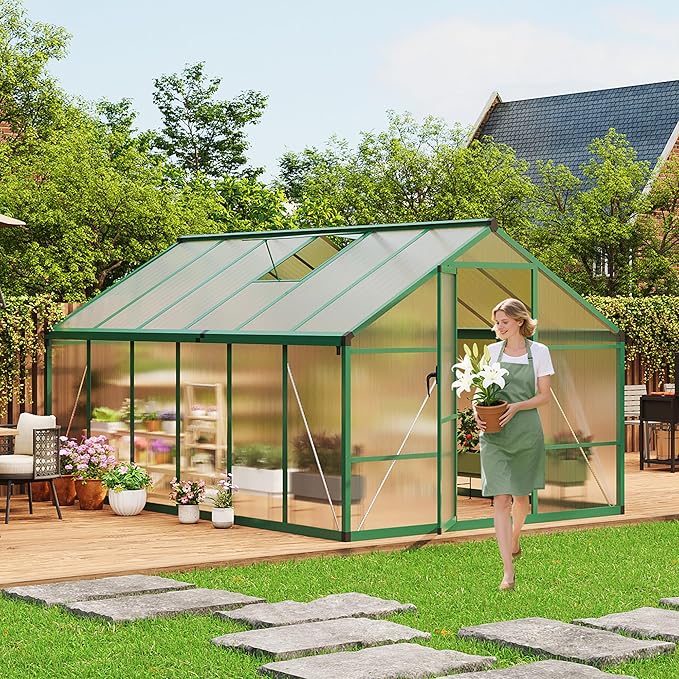 8×12 FT Greenhouse, Large Walk in Greenhouses for Outdoors and Garden Planting, Polycarbonate Greenhouse with Enhanced Aluminum Frame, Green Houses with Quick Setup Structure and Roof Vent, Green