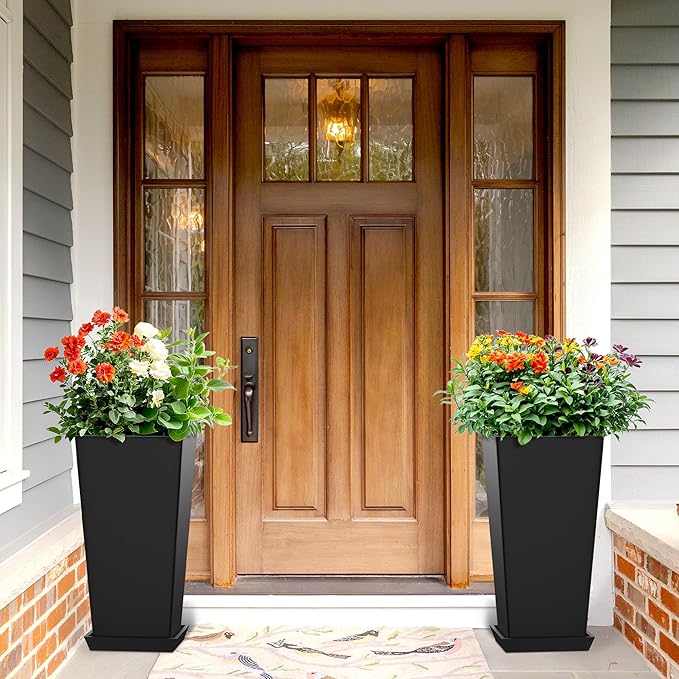 TUYOHW 24 Inch Tall Tapered Square Planters (Set of 2) - Indoor Outdoor Large Flower Pots with Built-in Drainage & Matching Water Tray for Patio, Garden, Home - Black