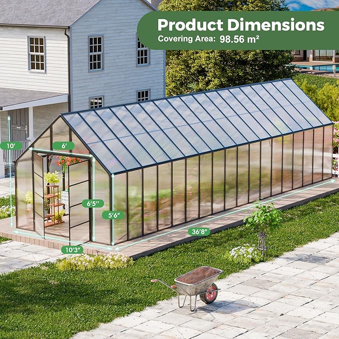 CDCASA 10x36 FT Greenhouse for Outdoors,Large Easy Assembly Thicker Aluminum Polycarbonate Greenhouses w/8 Windows, Double Door, Walk-in Green House for Outside,Patio,Backyard,Garden