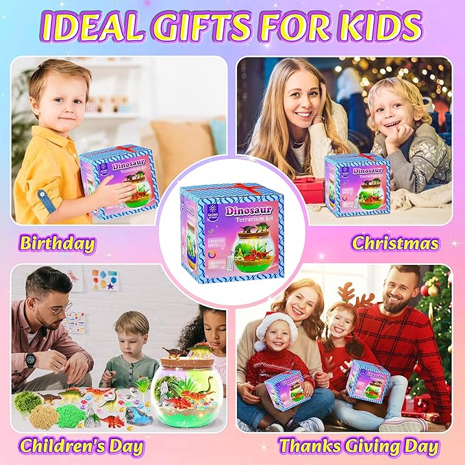 Dinosaur Activities Toys-Light Up Terrarium Kit for Kids, DIY Dinosaur Toys for 3 4 5 6 7 8 9 10 11 12 Year Old Boys, Night Light Dinosaur Arts and Crafts for Boys, Kids Christmas Birthday Gifts
