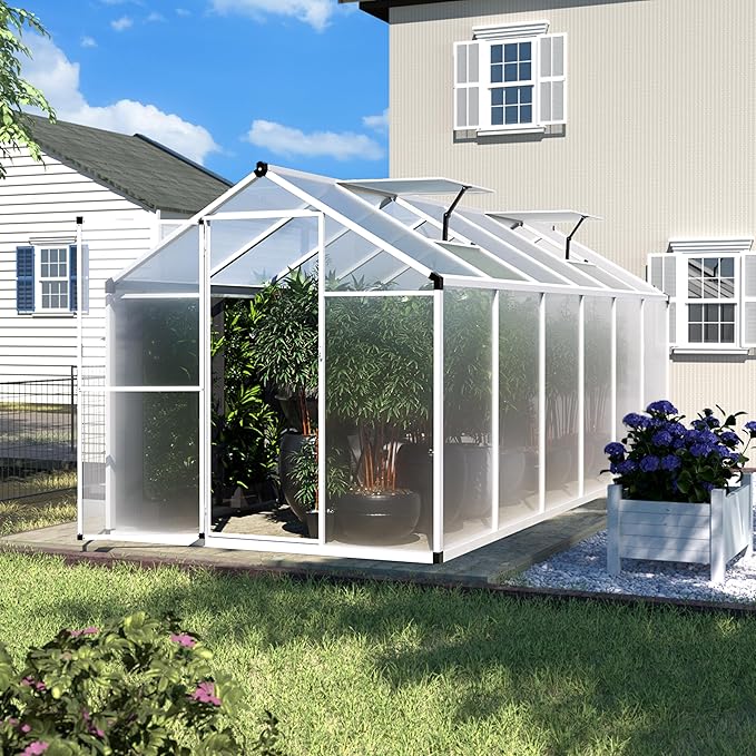 MUPATER 6 x 12FT Greenhouse for Outdoors, Heavy Duty Greenhouse with Lockable Door & Adjustable Roof Vent, Aluminum Green-House Kit with 4MM Polycarbonate Panel for Backyard, Garden, White