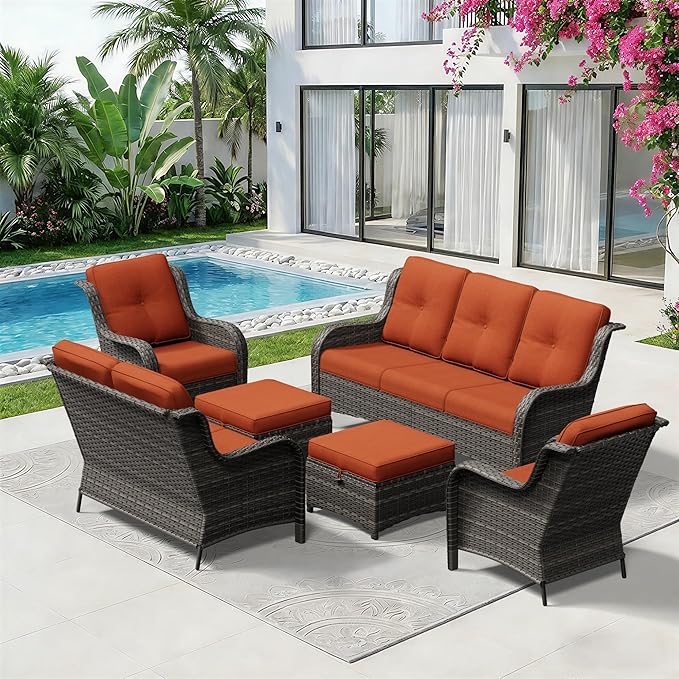 6 Piece Outdoor Wicker Patio Furniture Set, Patio Chairs Set with Thickened Olefin Cushions, High Back and Deep Seating, Hand-Woven PE Rattan, Ottoman for Porch, Deck