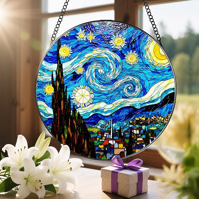 LAOWEIKI 8'' Van Gogh Starry Night Sun Catcher Ornament, Stained Glass Window Hanging, Sun Catchers for Windows Hanging Ornaments, Window Decor, Ideal Gift | Gifts for Art Lovers, Friends, Family