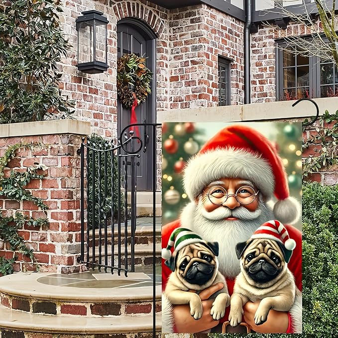 Christmas Garden Flag 12x18 Inches - Double-Sided Santa Claus with Adorable Pugs in Holiday Hats, Weatherproof Outdoor Decoration for Lawn and Garden