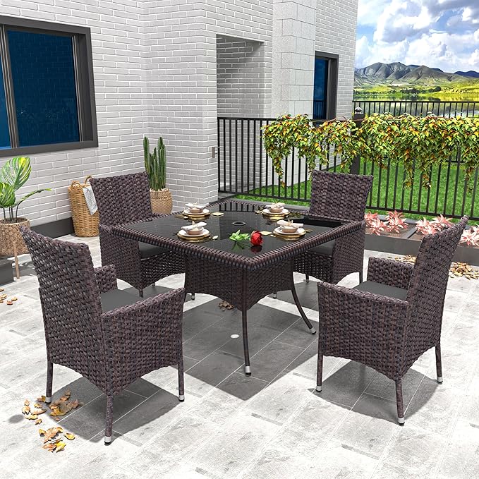 5 Piece Outdoor Dining Set,Rattan Patio Conversation Set of 4 Chairs,Patio Dining Table and Chairs w/Cushions,Square Glass Tabletop,Umbrella Cutout for Patio,Grey